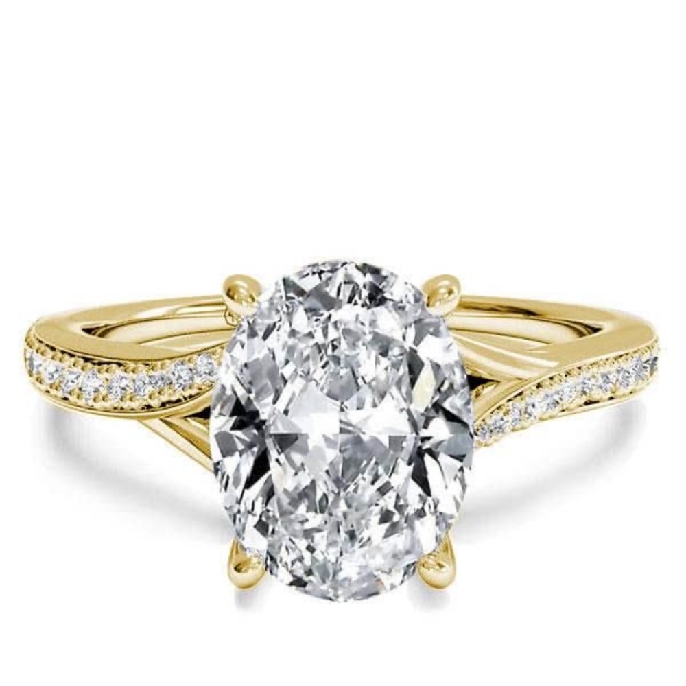 Yellow Gold Oval Solitaire Engagement Ring with Pavé Band